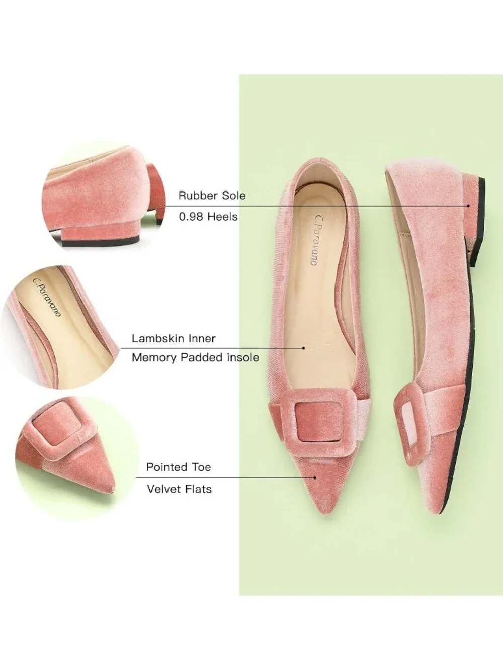 Women's Velvet Pink Pointed Toe Square Buckle Flats Slip-On Comfortable Shoes